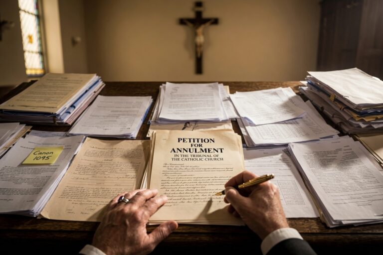 A desk with annulment papers on it.